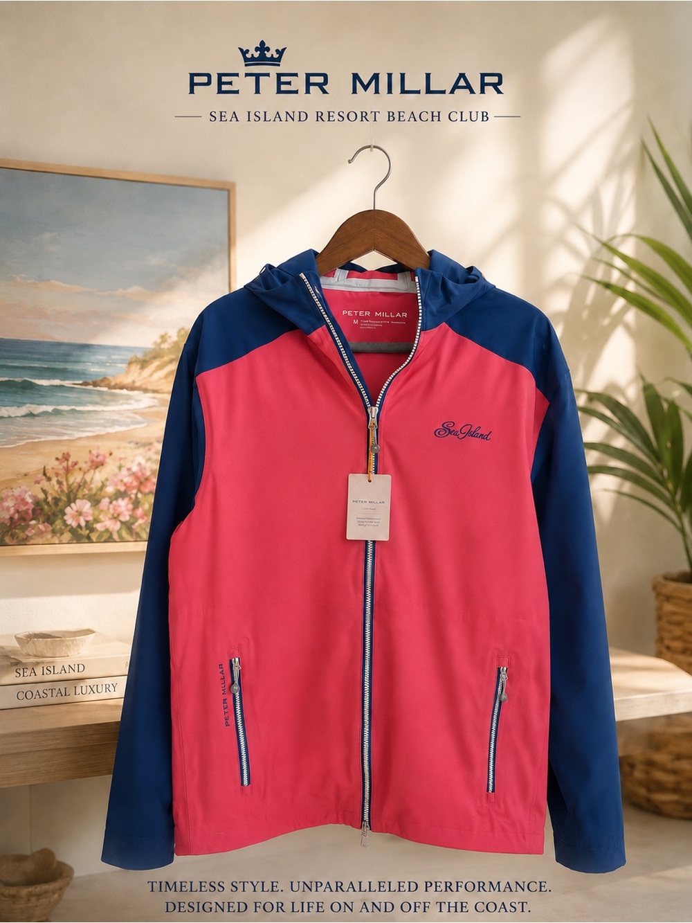 Peter Millar Pink and Navy Lightweight Hooded Zip Jacket